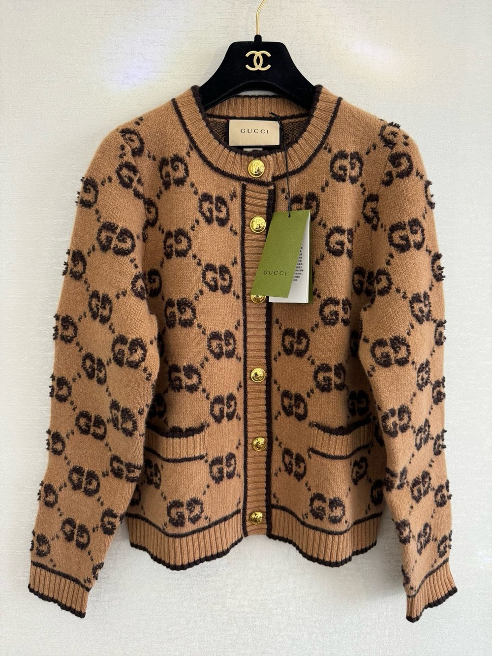 Gucci Camel GG Monogram Jacquard Round Neck Knit Cardigan Gold Buttons